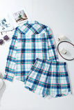 Plaid Snap Down Long Sleeve Top and Shorts Lounge Set Lingerie & Nightwear