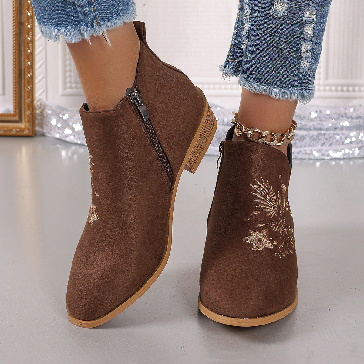 Embroidered Suede Point Toe Block Heel Boots 