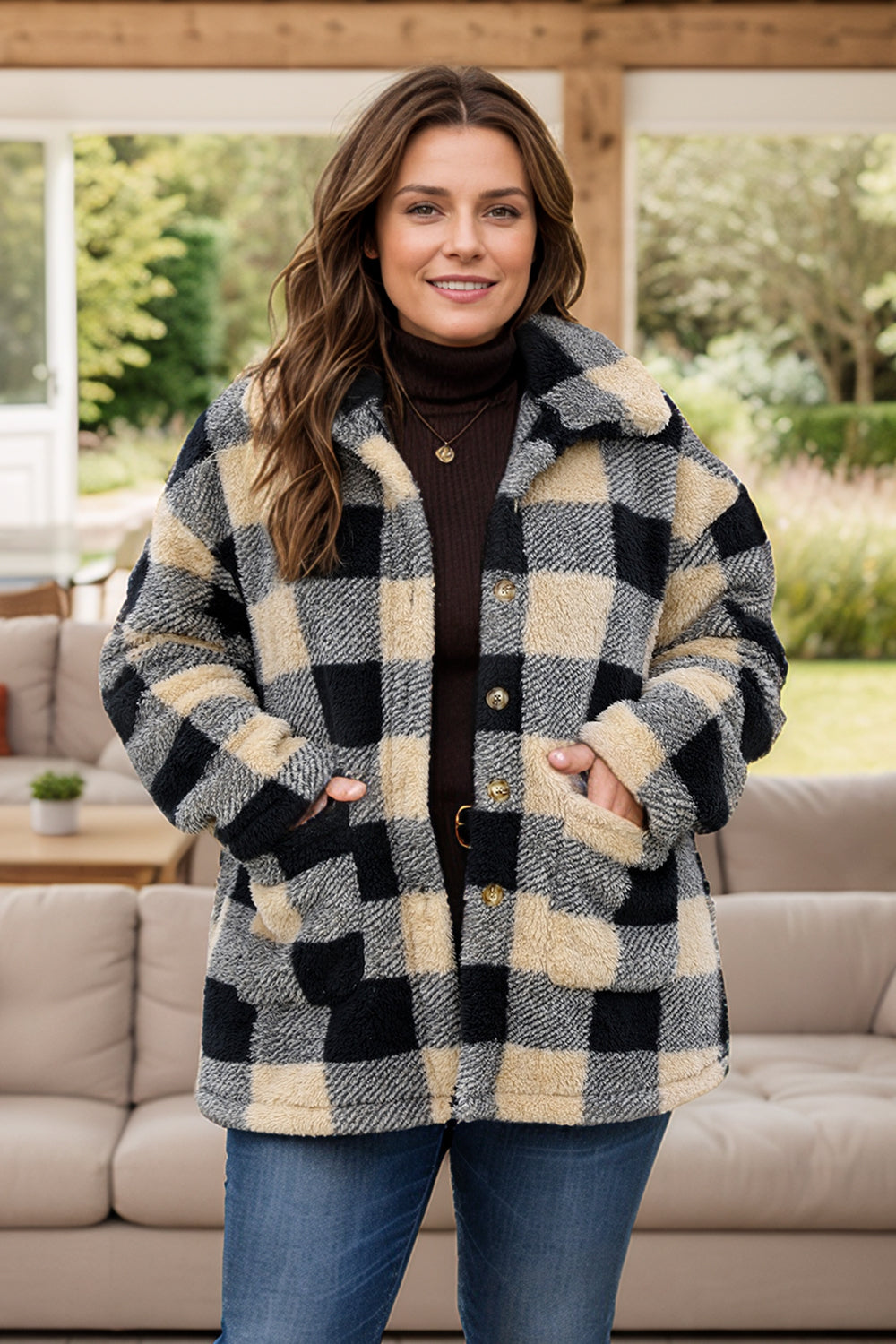 Plus Size Plaid Button Up Long Sleeve Coat 