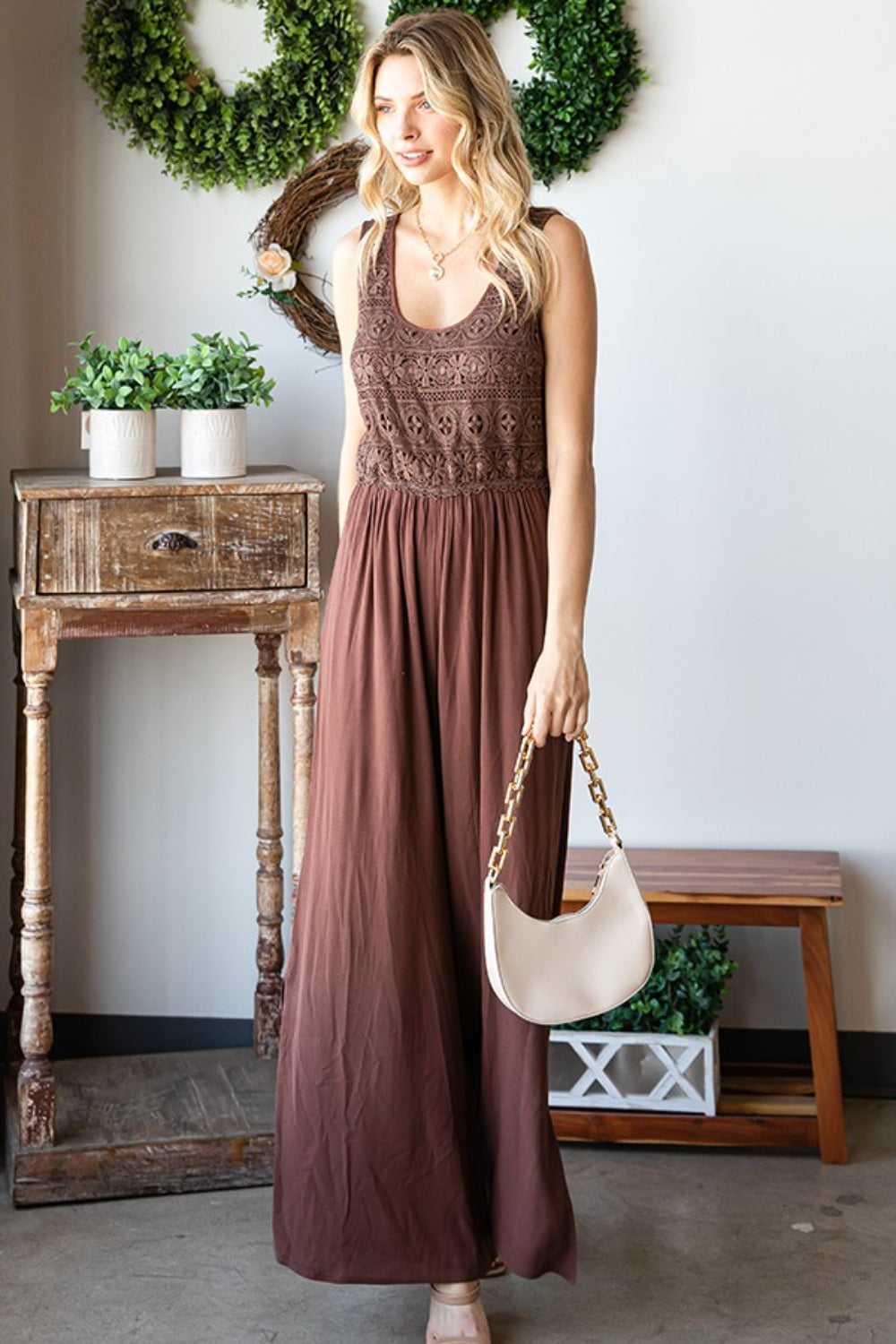 First Love Tie Back Sleeveless Slit Wide Leg Jumpsuit 