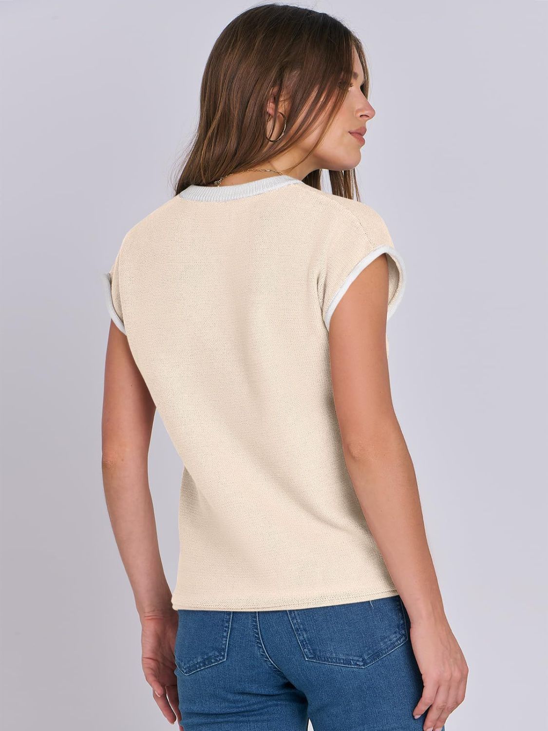 Mandy Contrast Round Neck Cap Sleeve Sweater 
