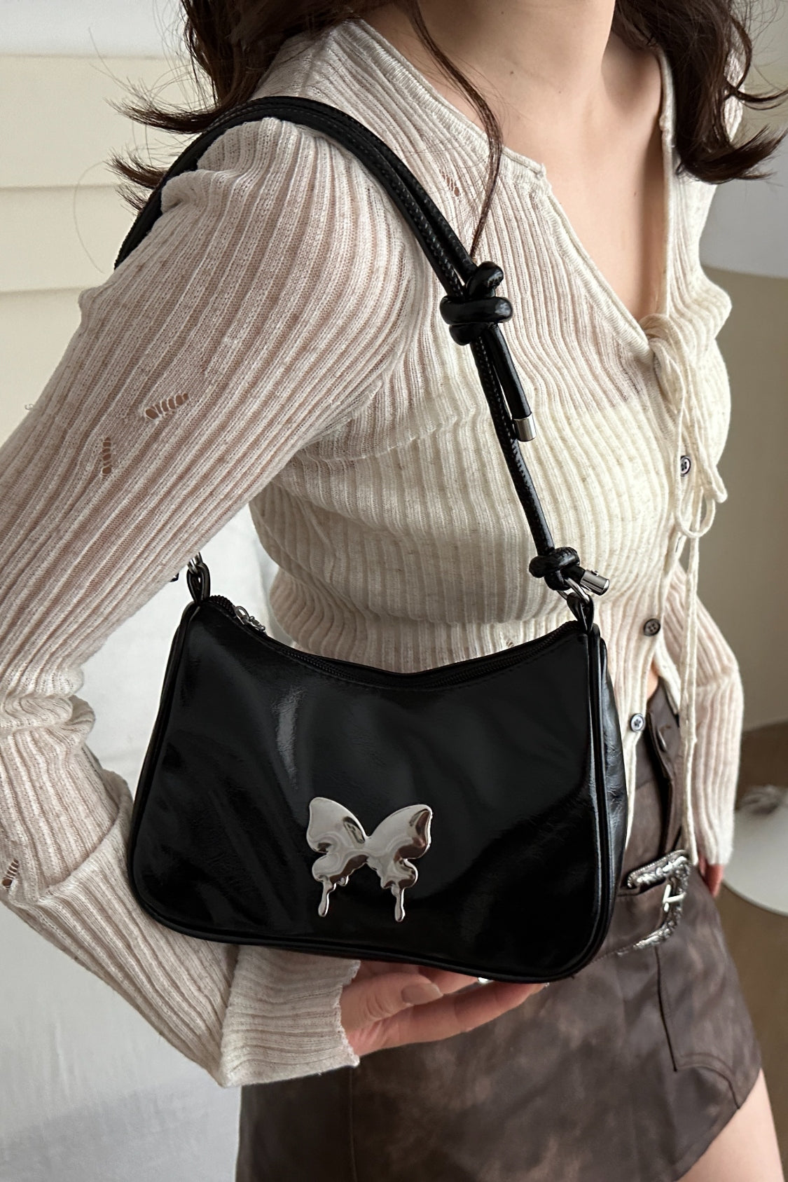 Butterfly PU Leather Knotted Strap Shoulder Bag 