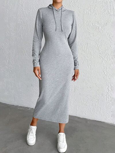 Drawstring Long Sleeve Hooded Midi Dress Dresses
