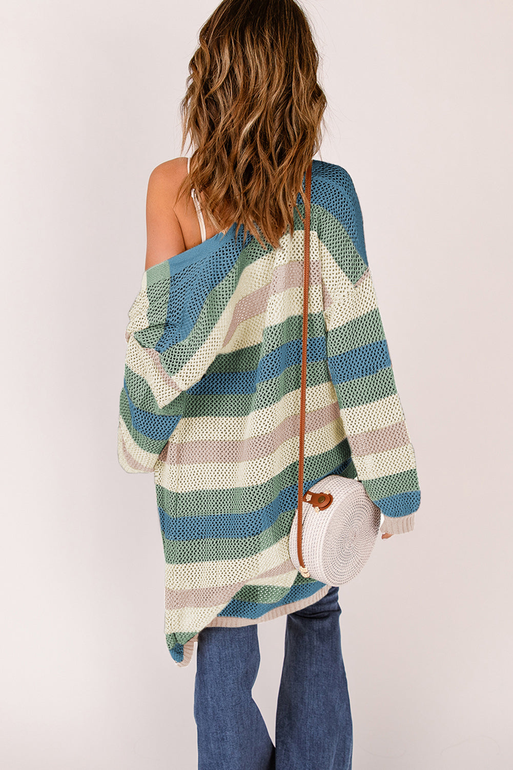Full Size Striped Long Sleeve Openwork Cardigan 