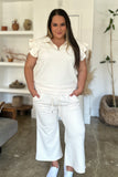 Double Take Full Size Texture Ruffle Short Sleeve Top and Wide Leg Pants Set 