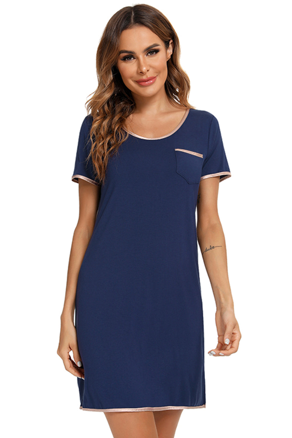 Contrast Trim Pocketed Round Neck Lounge Dress 
