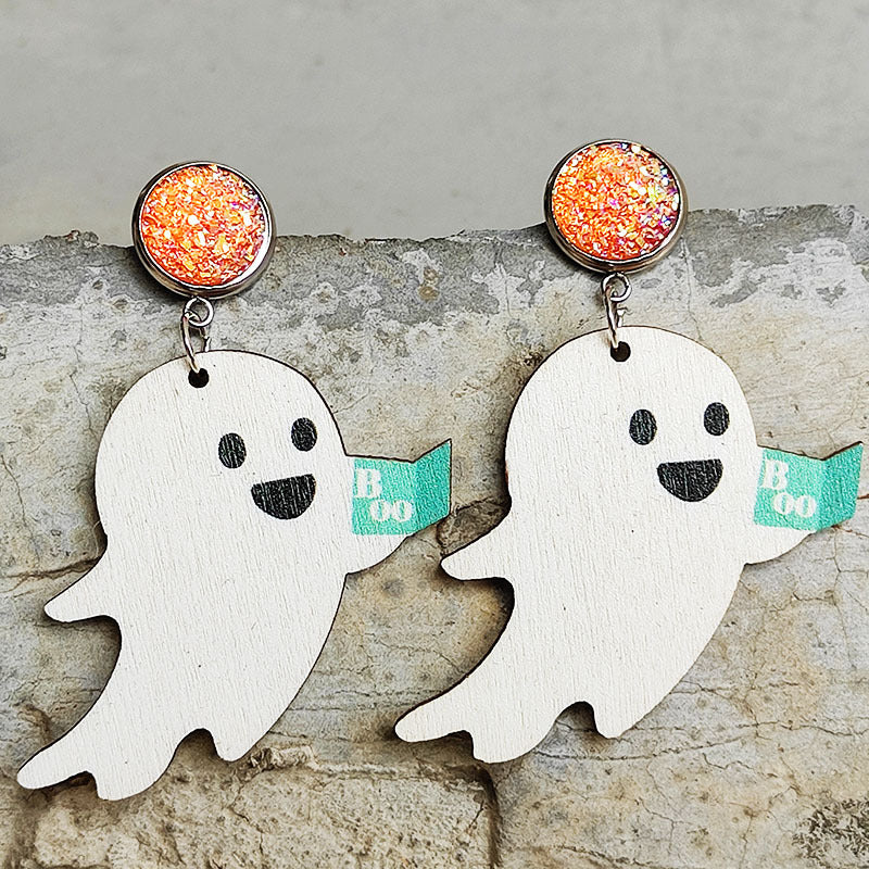 Ghost Shape Wooden Dangle Earrings 