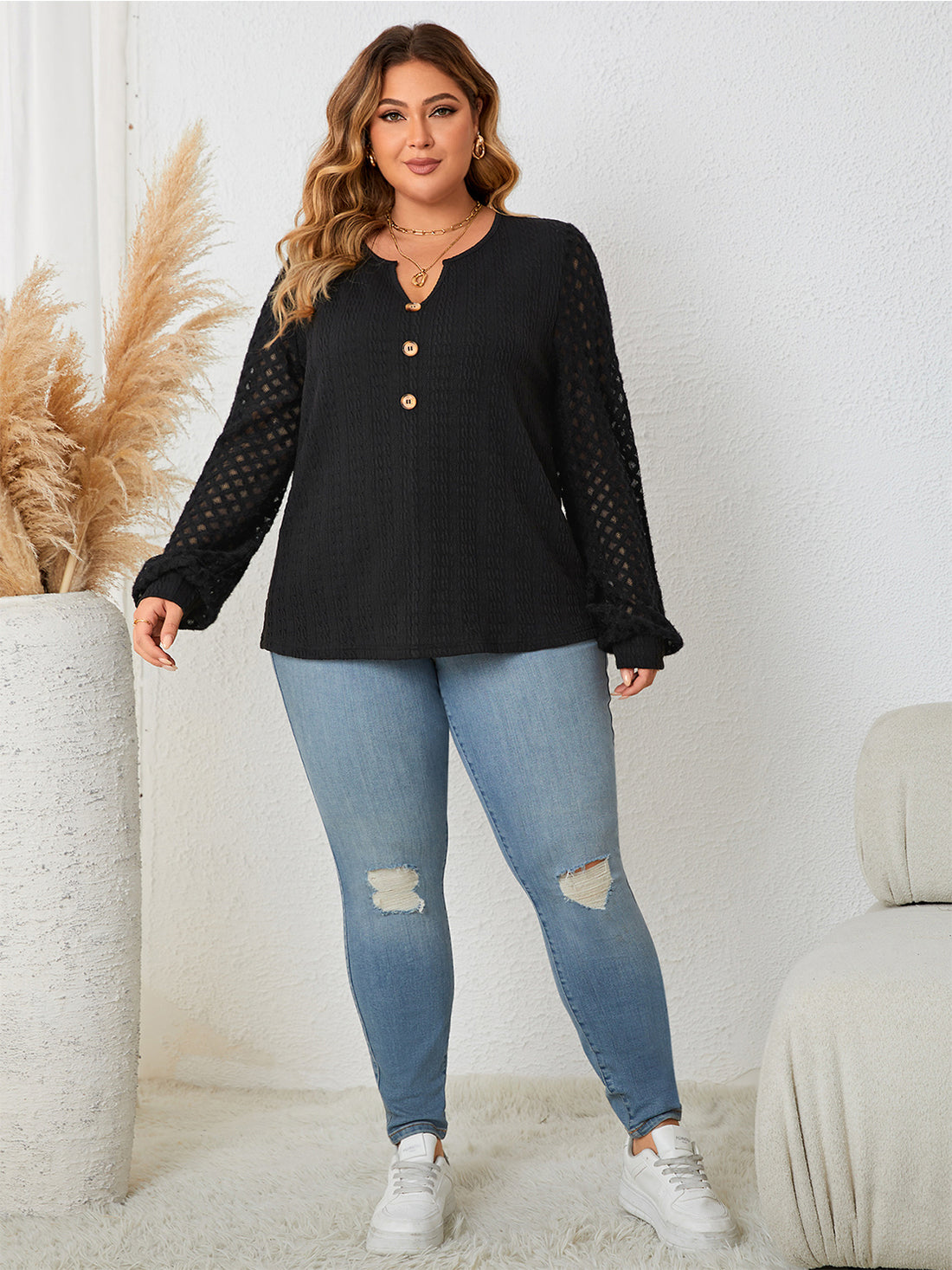 Honey Plus Size Openwork Notched Button Front Blouse 