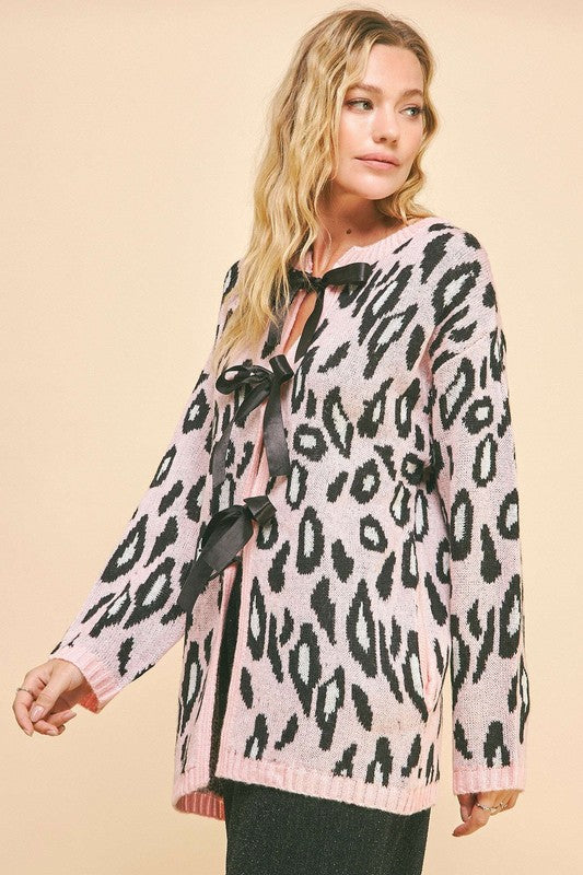 Davi & Dani Leopard Ribbon Tie Front Loose Fit Cardigan 