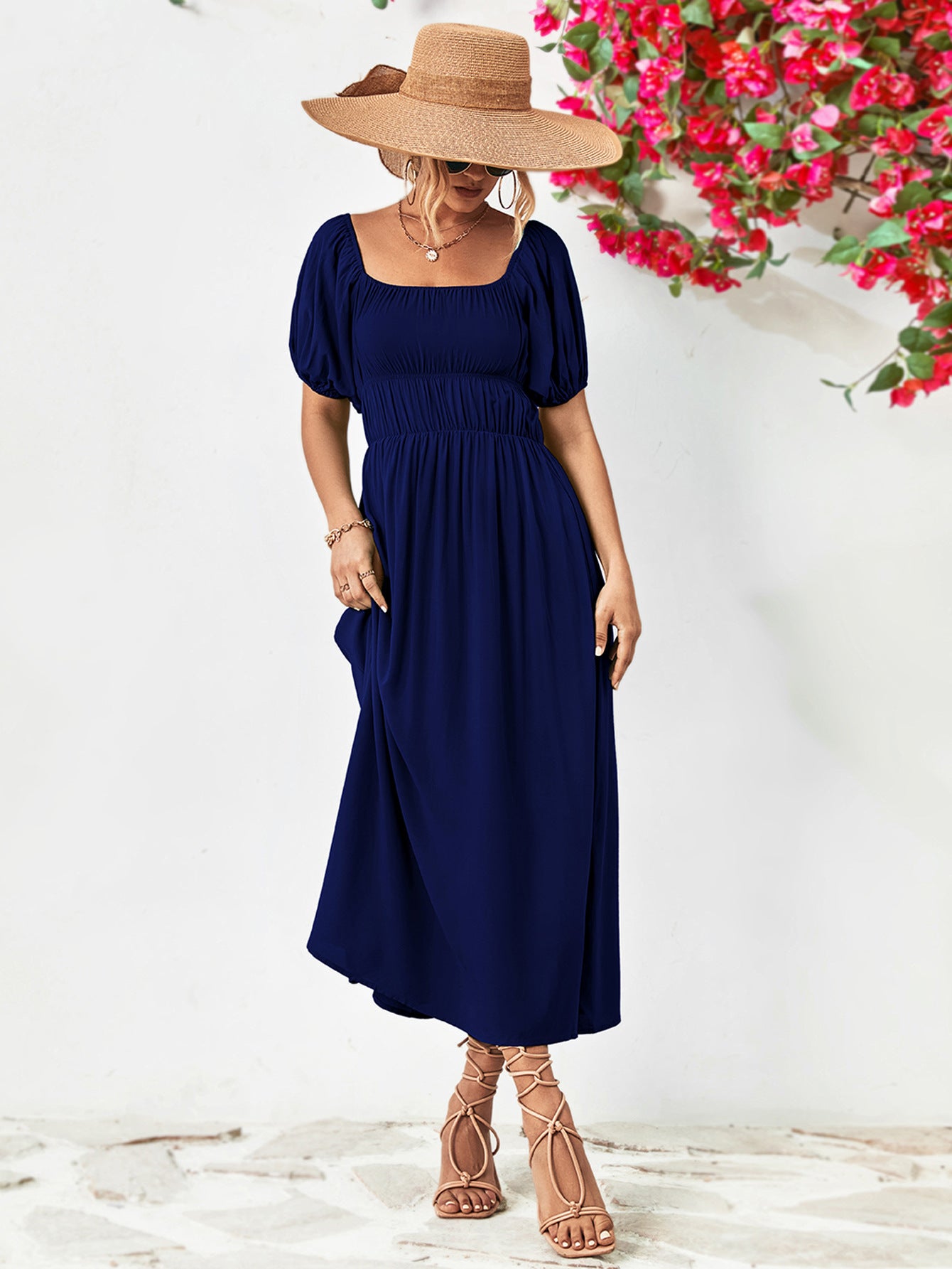 Off-Shoulder Balloon Sleeve Midi Dress 