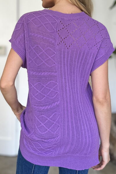 Double Take Full Size Cable-Knit Round Neck Cap Sleeve Sweater 