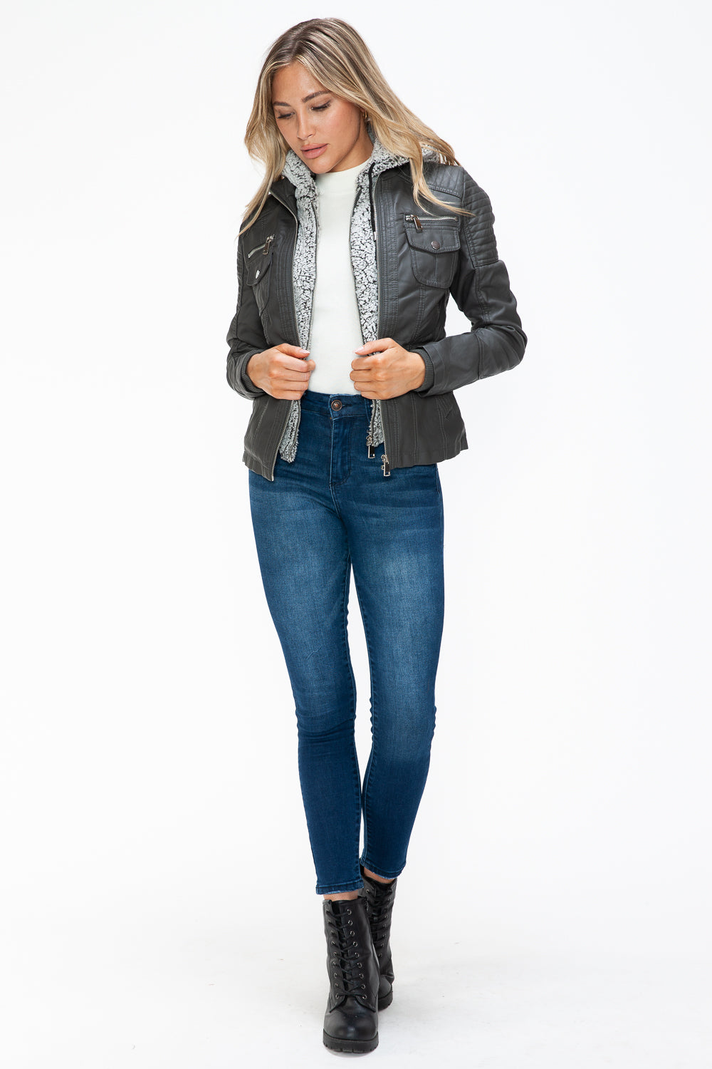 YMI Removable Faux Layered Multi-Pocket Jacket with Fuzzy Hood 