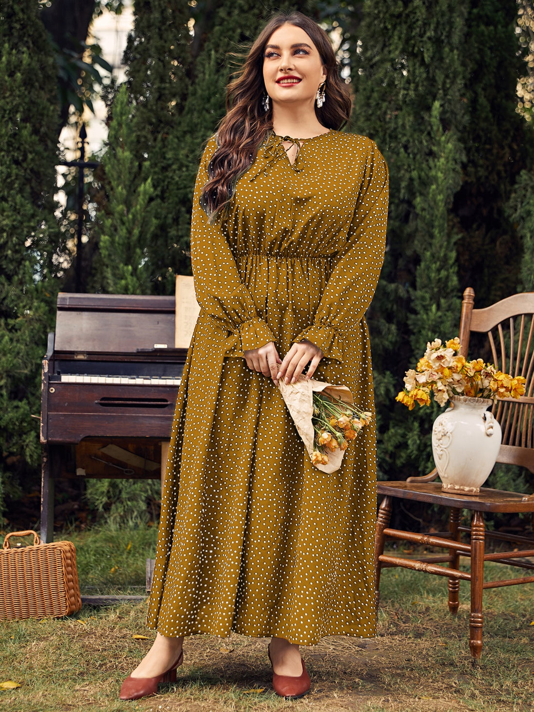 Honey Plus Size Ruffled Polka Dot Long Sleeve Midi Dress 