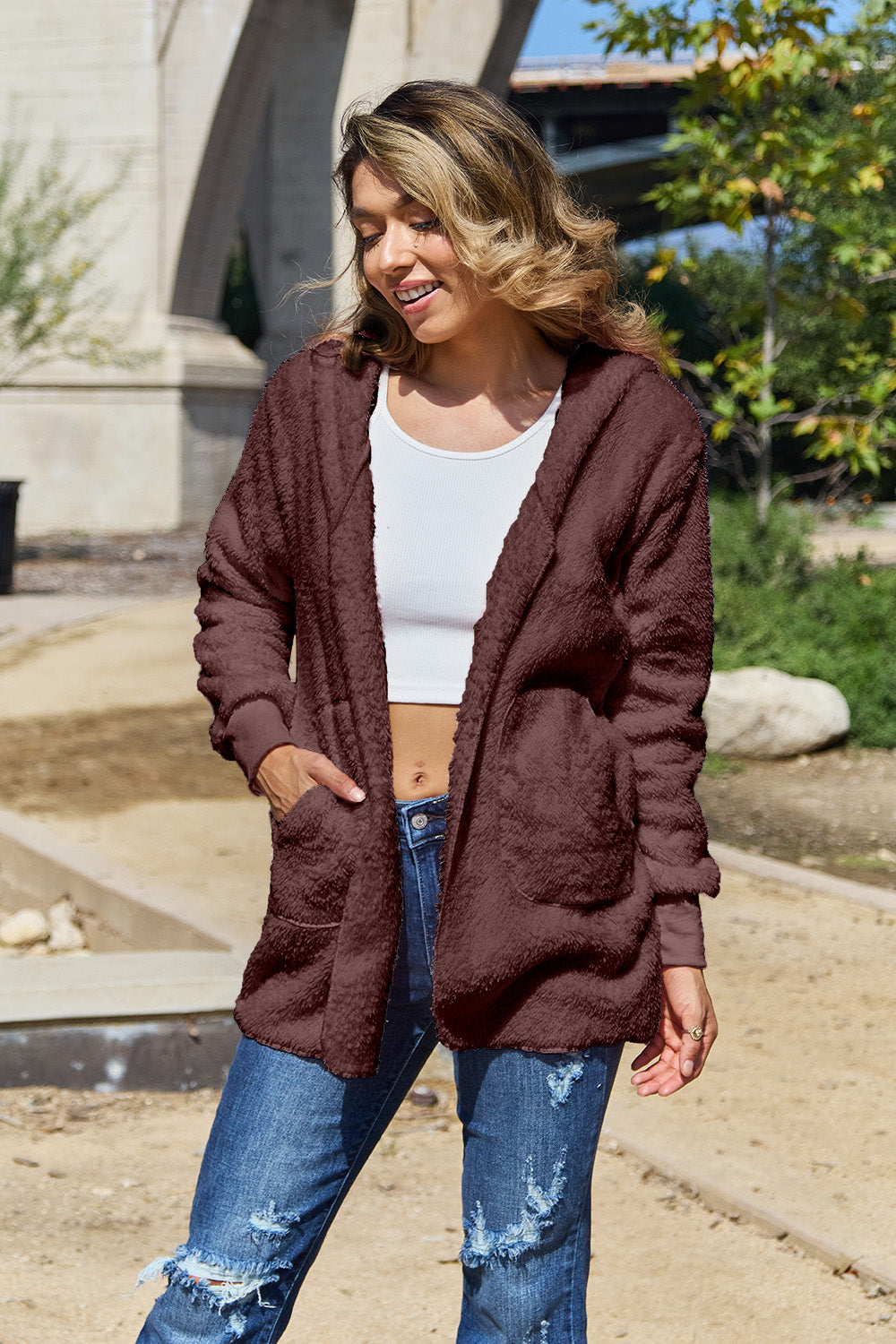Full Size Teddy Hooded Jacket with Pockets 