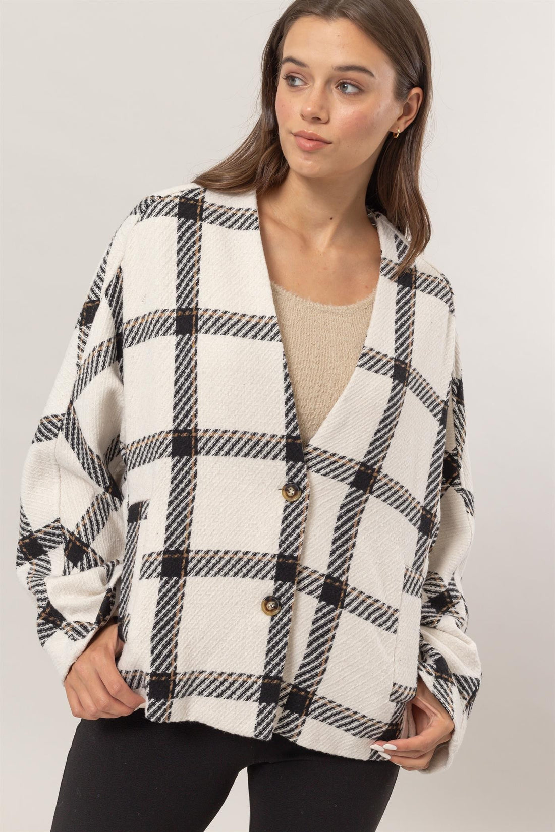 HYFVE Plaid Long Sleeve Jacket with Side Slit Pockets 
