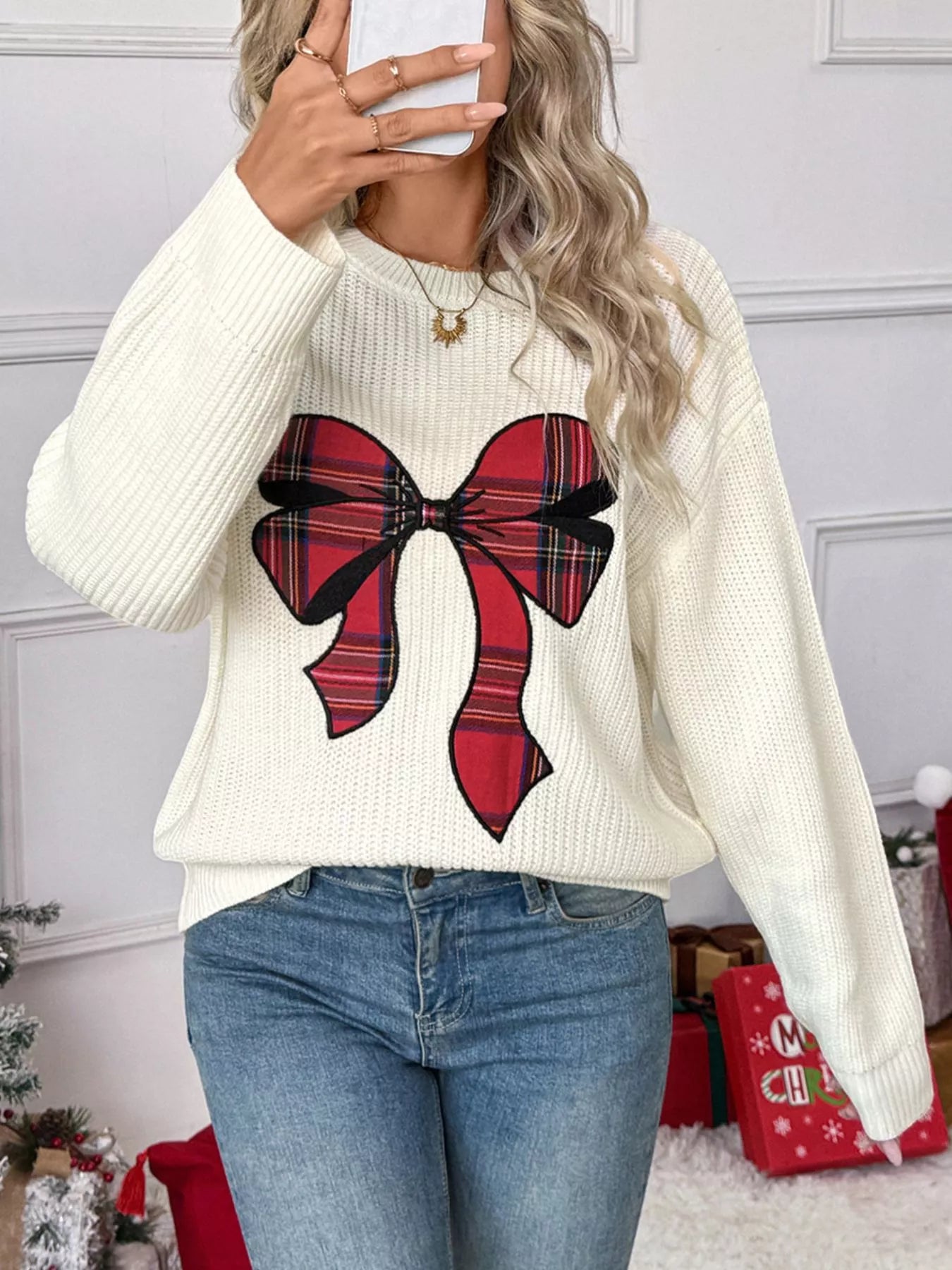 Christmas Bow Dropped Shoulder Sweater 
