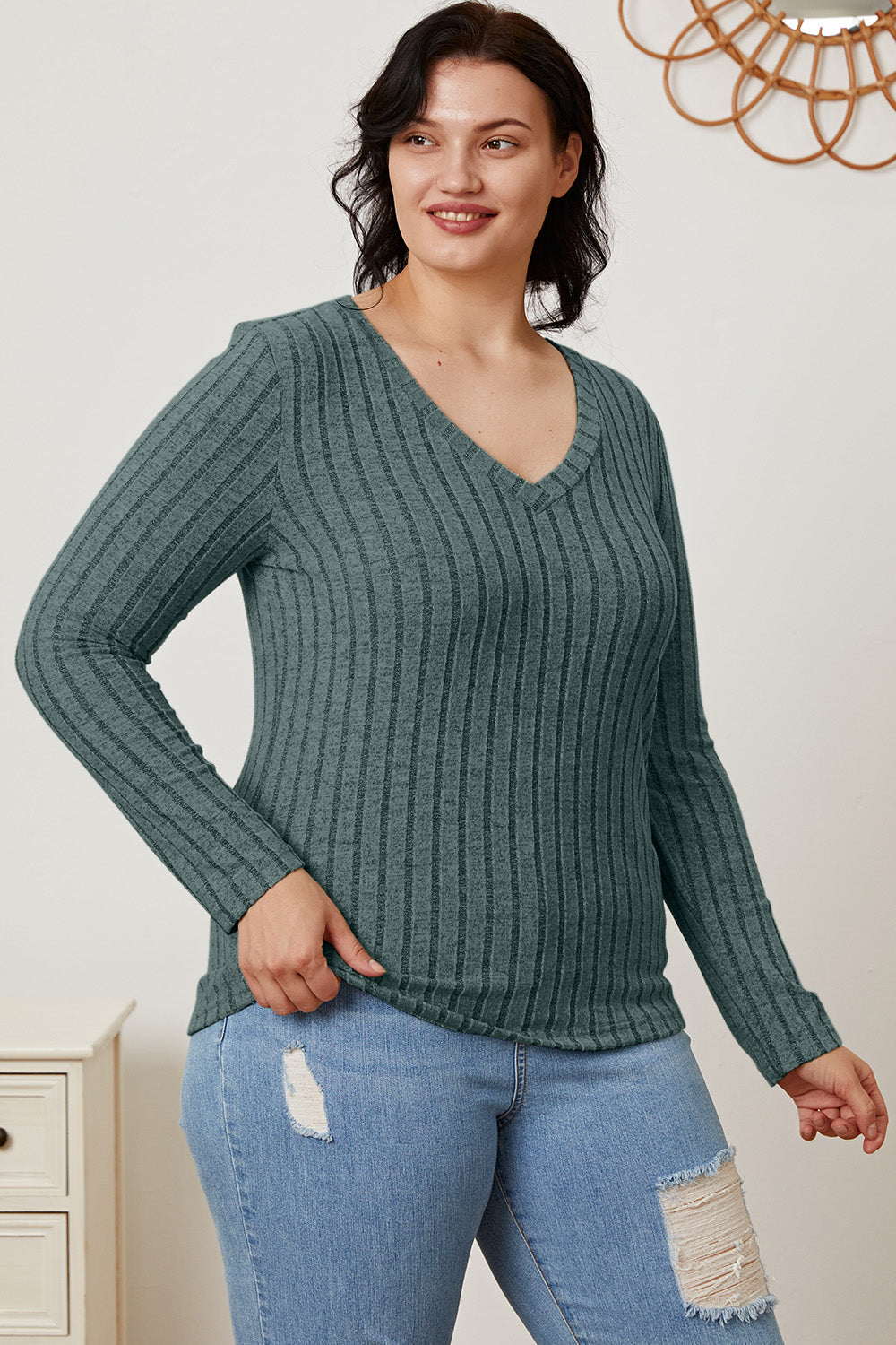 Basic Bae Full Size Ribbed V-Neck Long Sleeve T-Shirt 