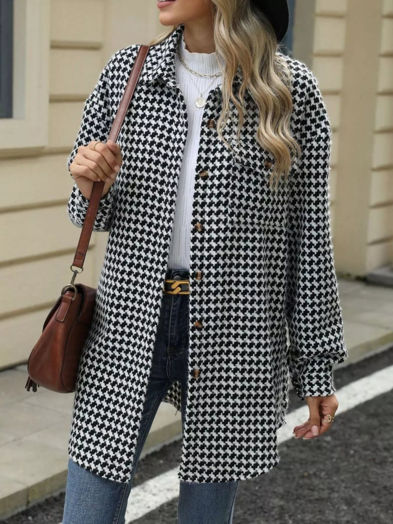 Houndstooth Button Up Long Sleeve Coat 