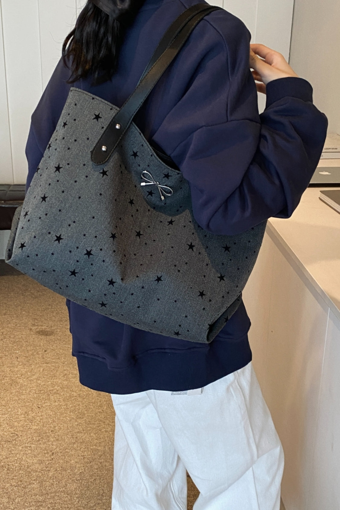 Polyester Bow Polka Dot Tote Bag 