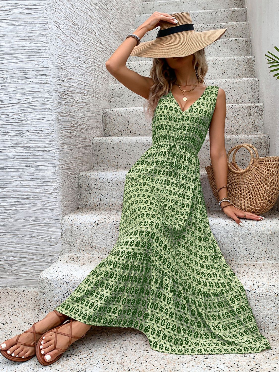 Perfee Printed V-Neck Tie Waist Midi Dress 