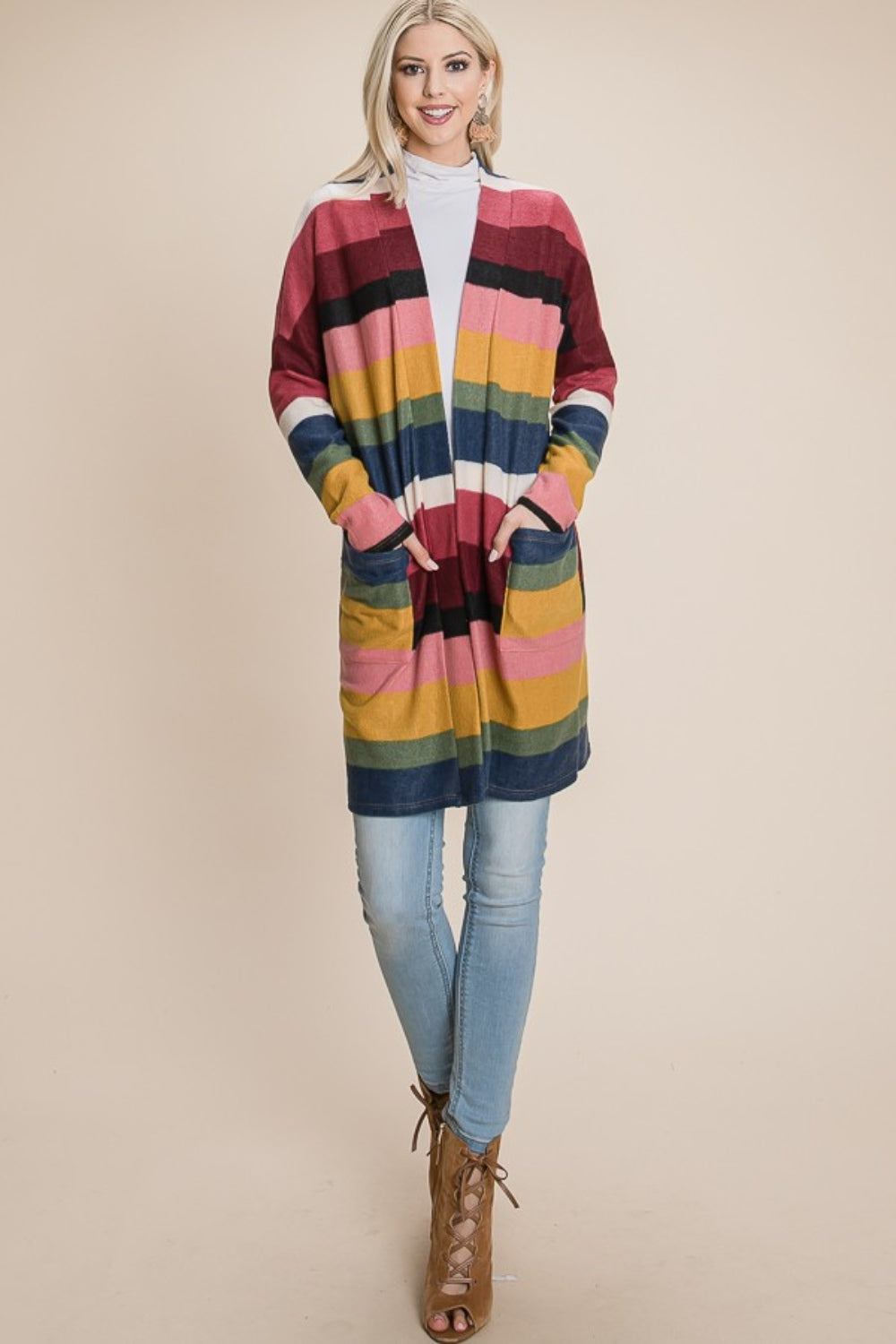 BOMBOM Color Block Striped Open Front Cardigan 