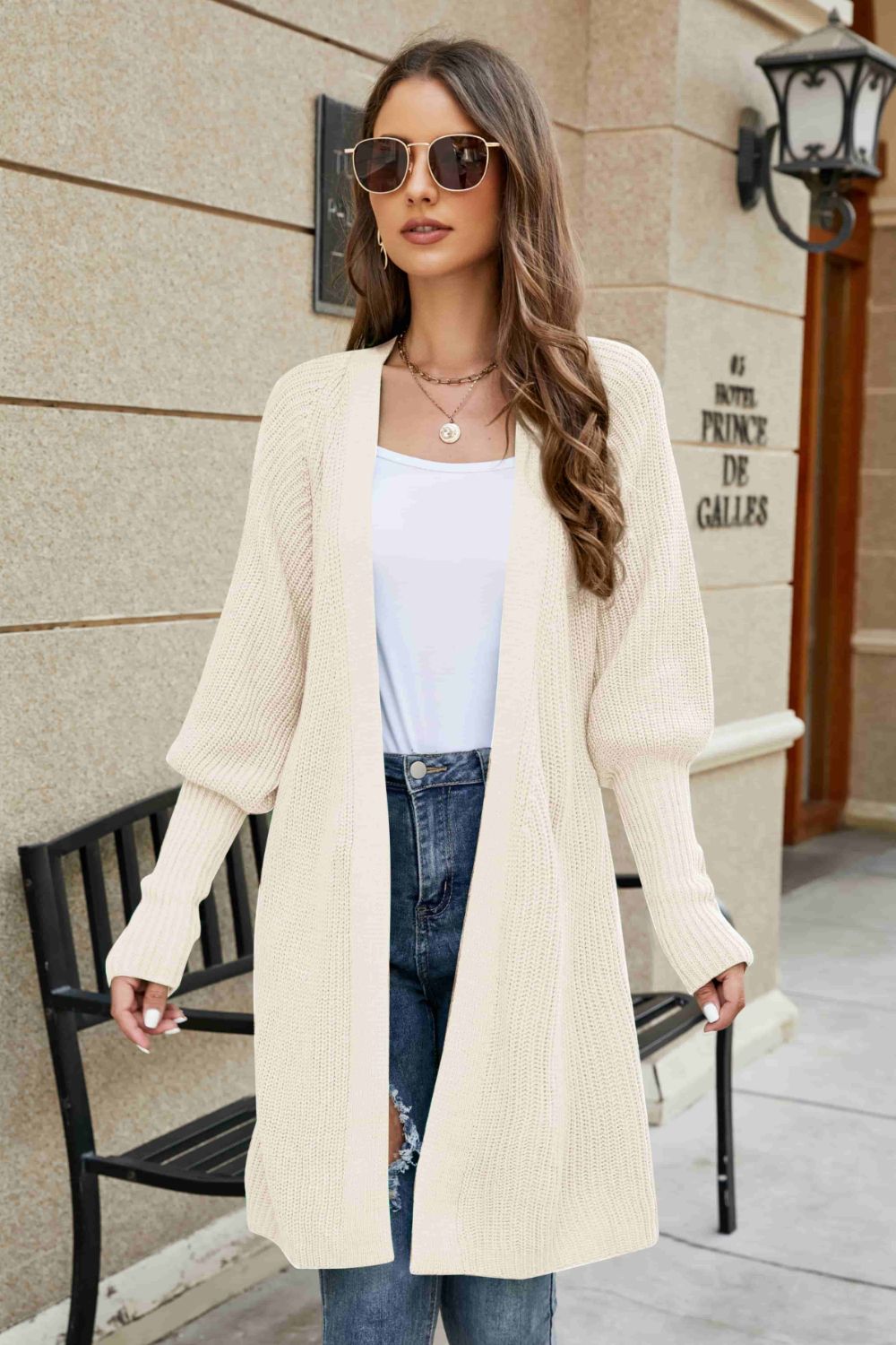 Open Front Lantern Sleeve Cardigan 