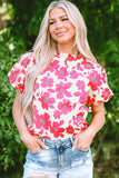 Beige Floral Puff Sleeve Frilled Neckline Blouse Tops/Blouses & Shirts