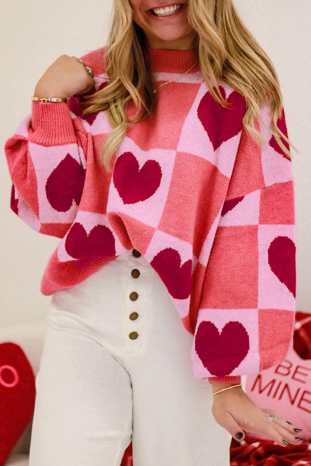 Pink Plus Size Love Heart Block Mock Neck Lantern Sleeve Valentine Sweater Plus Size/Plus Size Sweaters & Cardigans