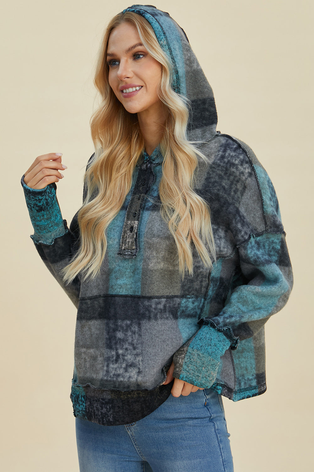 Double Take Full Size Plaid Dropped Shoulder Fleece Hoodie 