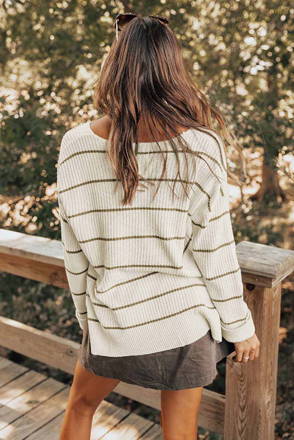 Striped V-Neck Drop Shoulder Sweater 