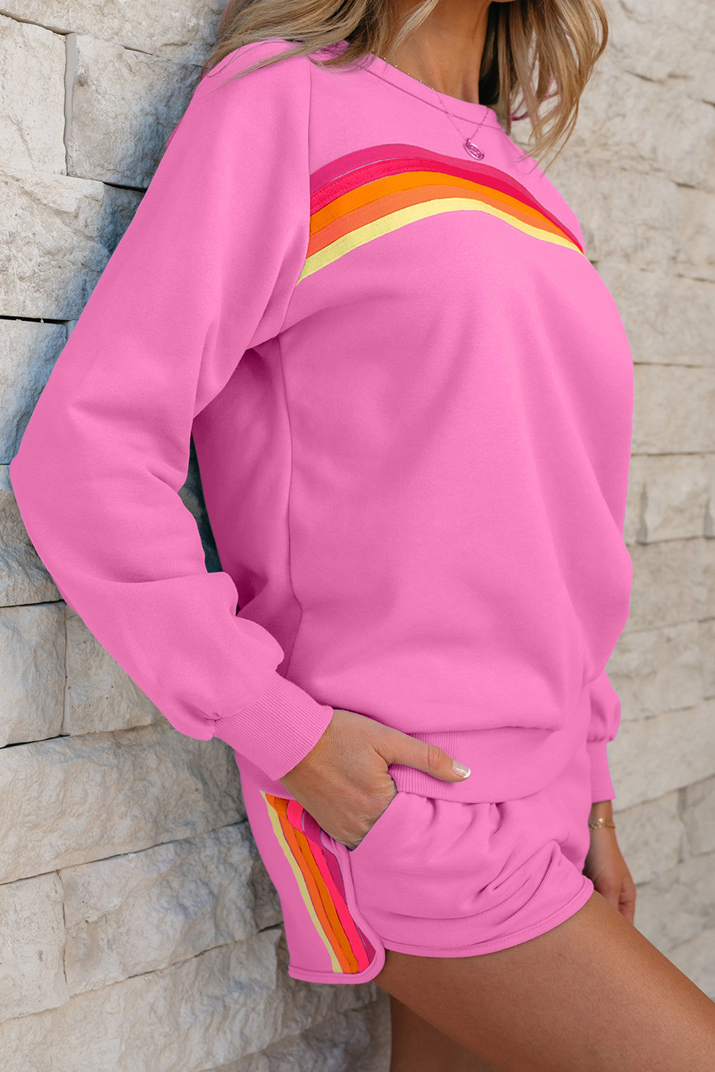 Bonbon Striped Accent Pullover and Shorts Two Piece Casual Set Two Piece Sets/Short Sets