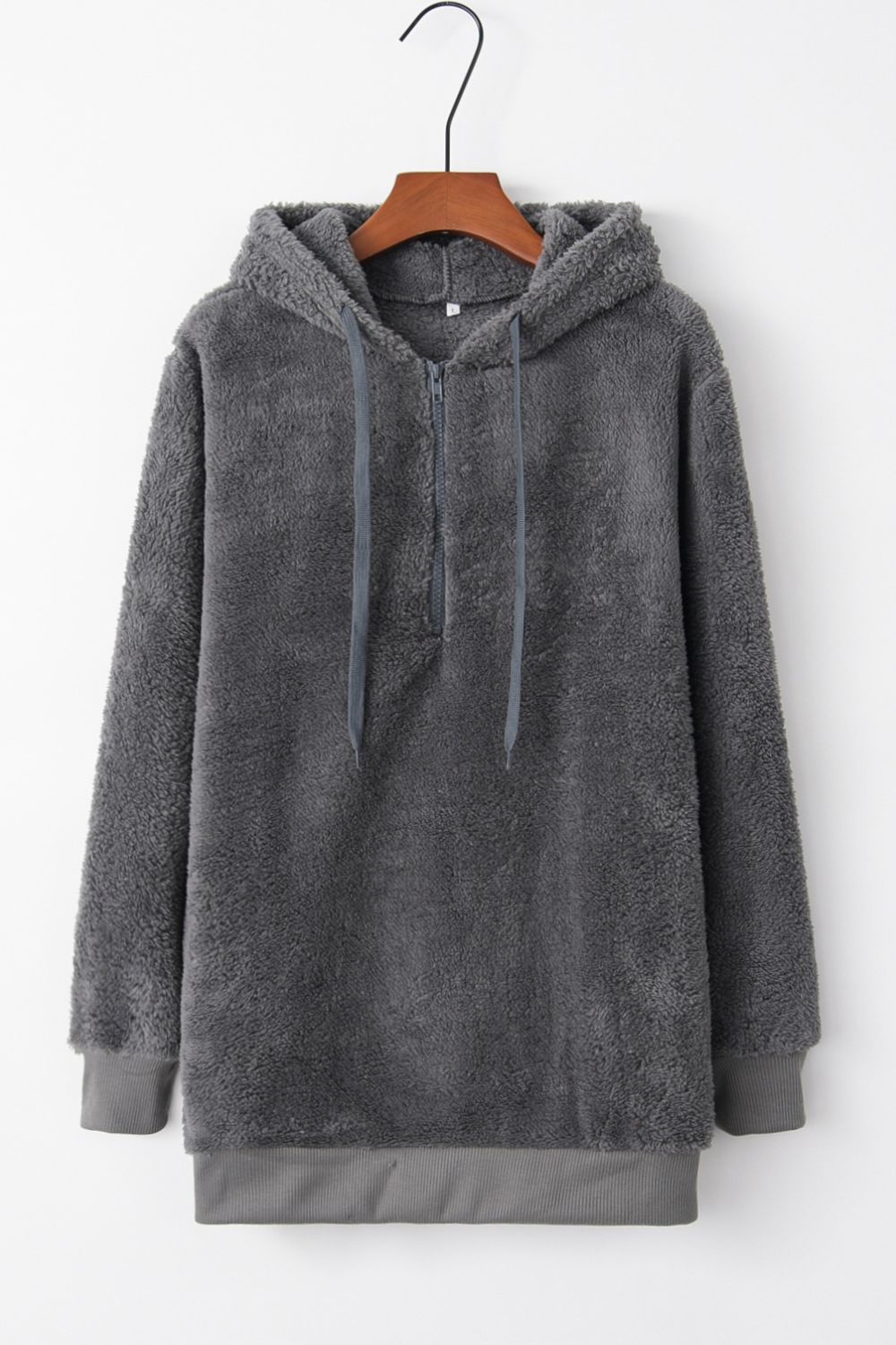 Full Size Quarter-Zip Drawstring Teddy Hoodie 