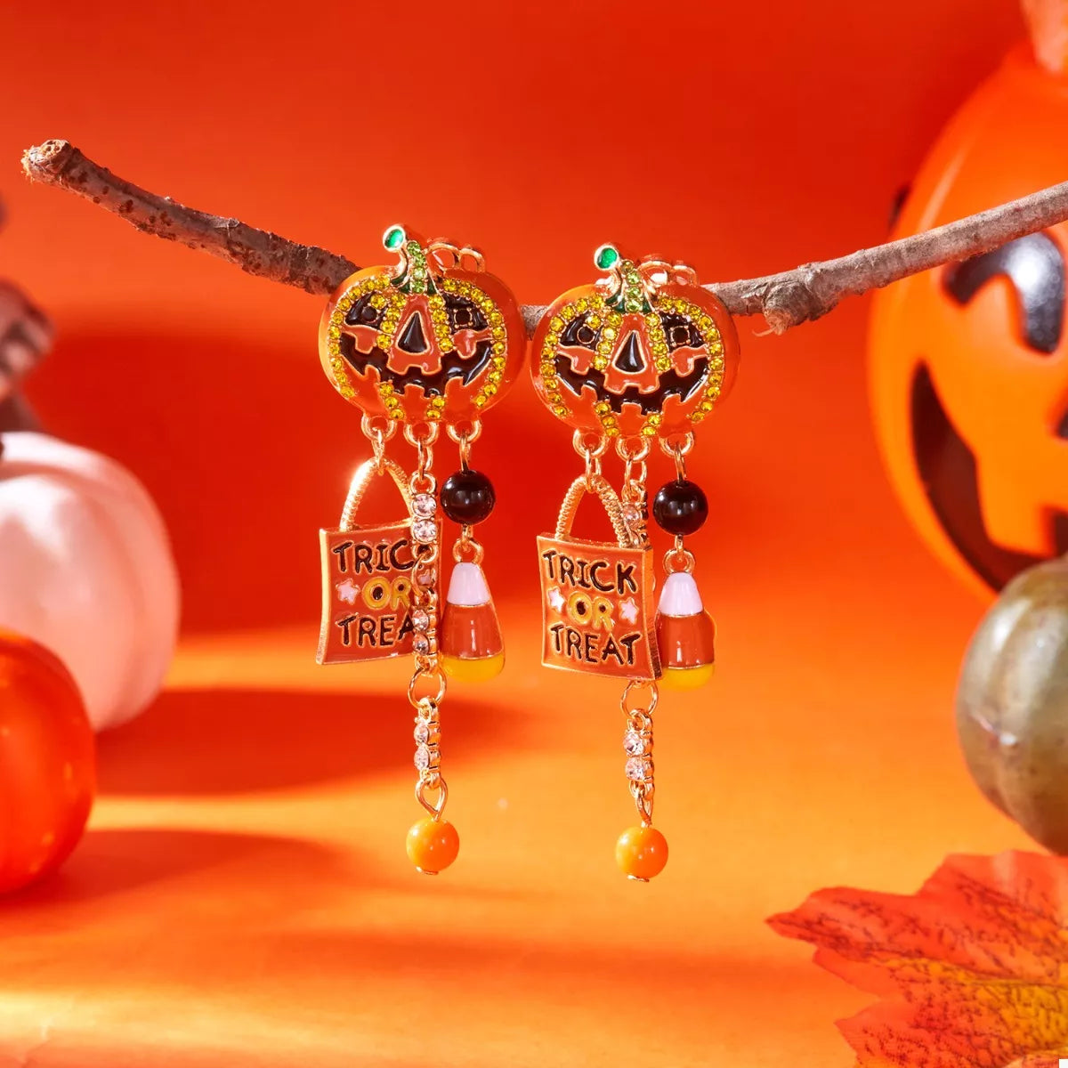 Halloween Rhinestone Pumpkin Drop Earrings 
