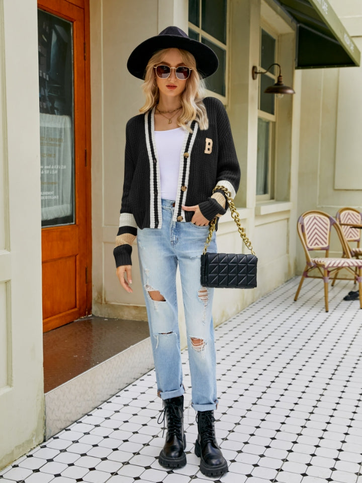 Contrast Button Up Dropped Shoulder Cardigan 