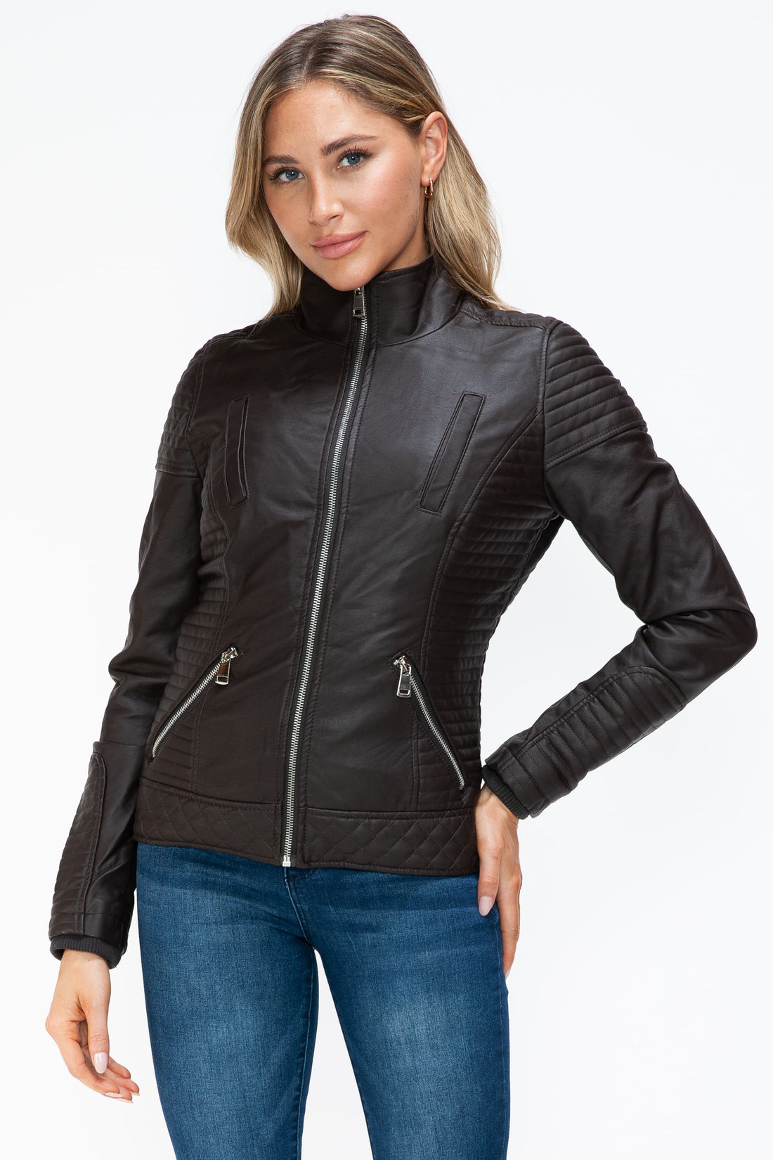 YMI Faux Layered Double-Zipper Jacket with Fuzzy Hood 