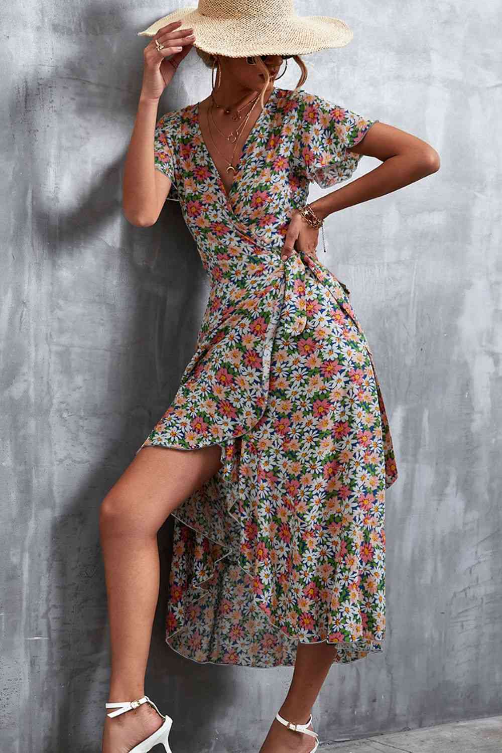 Floral Surplice Neck Tied Midi Dress Dresses