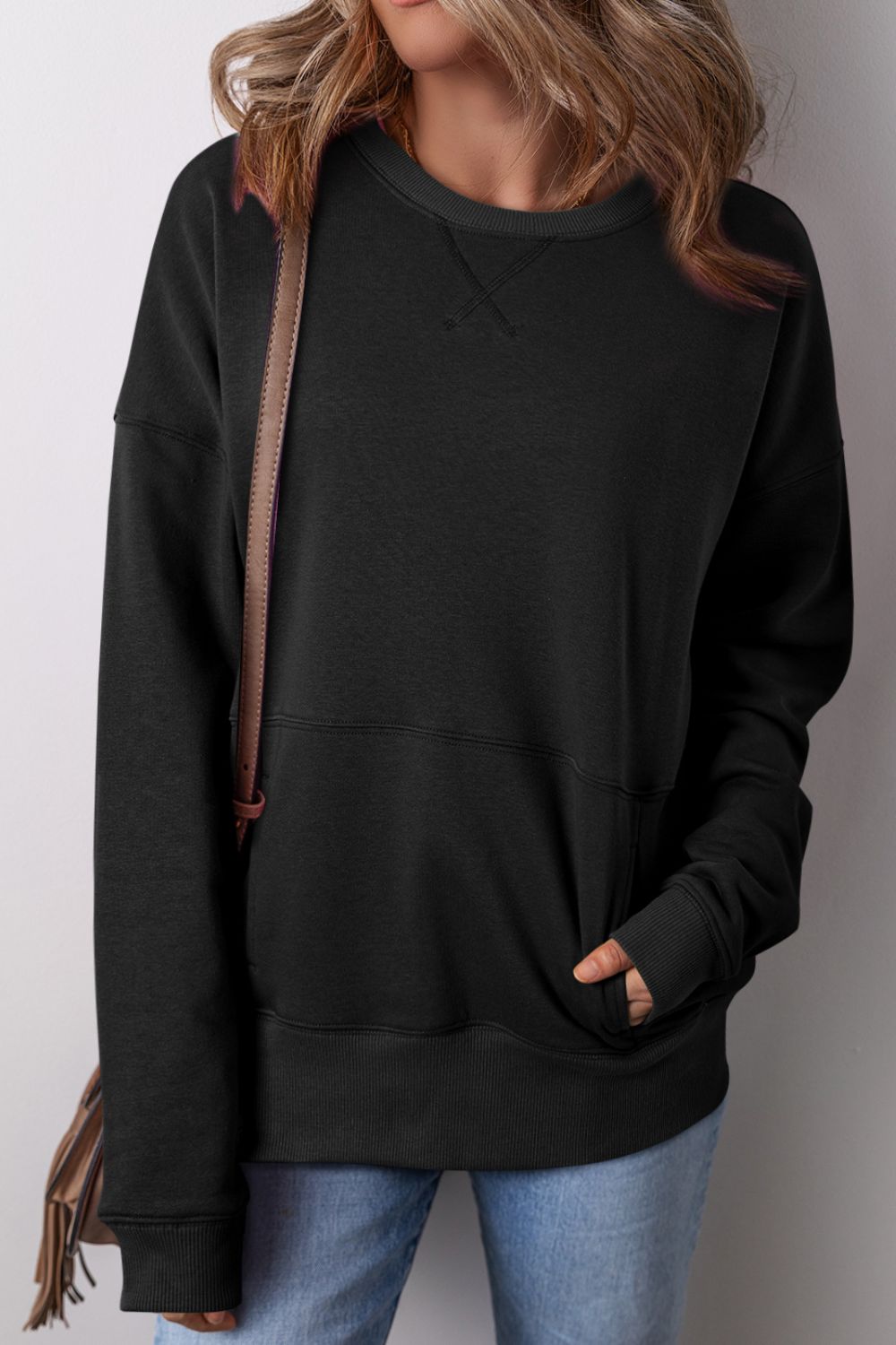 Solid Color Round Neck Long Sleeve Sweatshirt 