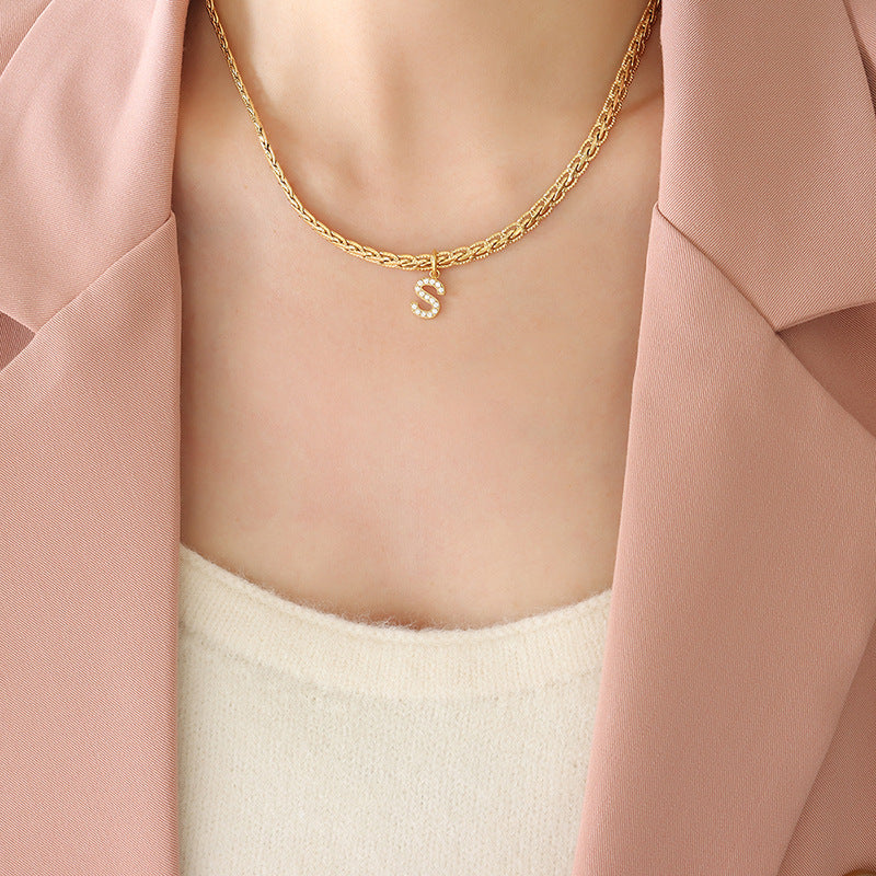 Brass Inlaid Zircon Letter Pendant Necklace 