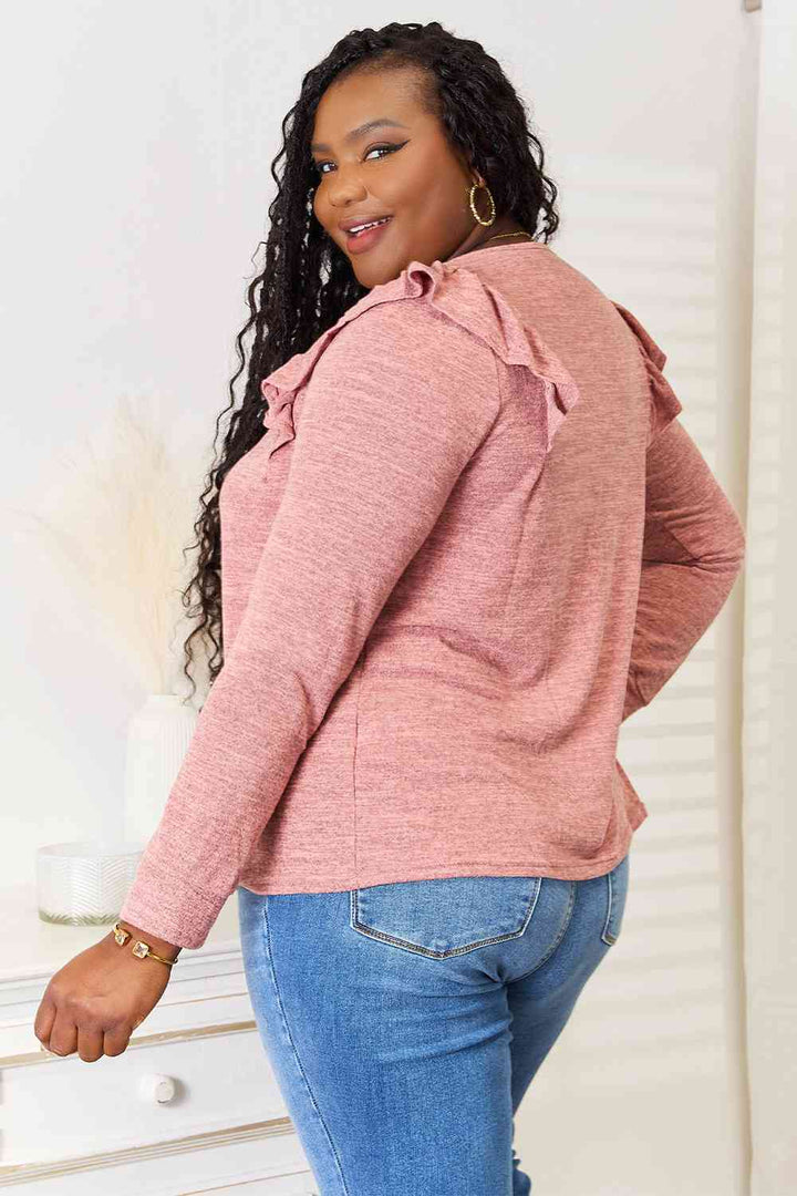 Double Take Square Neck Ruffle Shoulder Long Sleeve T-Shirt 