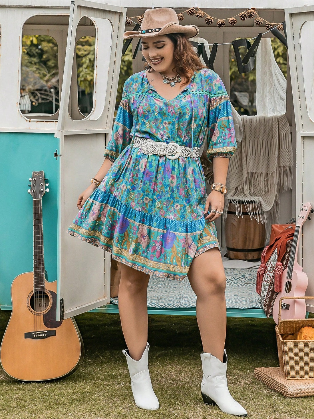 Plus Size Printed Tie Neck Mini Dress 