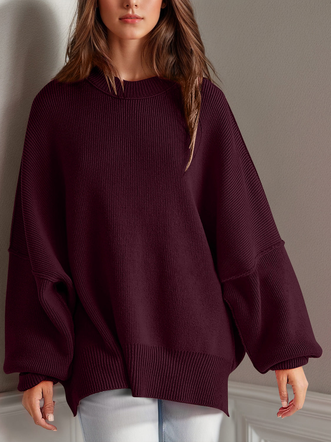 Double Take Side Slit Round Neck Long Sleeve Sweater 
