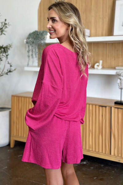 Double Take Full Size Texture V-Neck Long Sleeve T-Shirt and Shorts Set 
