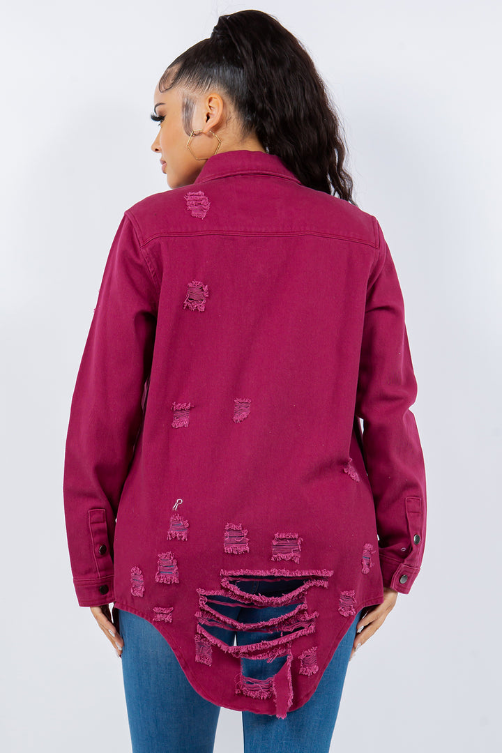 American Bazi Distressed Button Up Long Sleeve Denim Jacket 