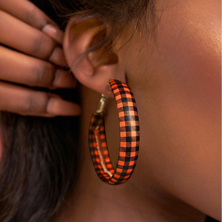 Plaid PU Leather Hoop Earrings 