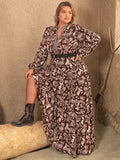 Plus Size Notched Balloon Sleeve Printed Maxi Dress 