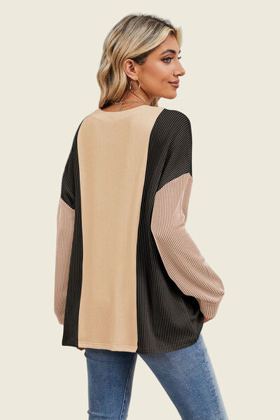 Double Take Texture Contrast Round Neck Long Sleeve T-Shirt 