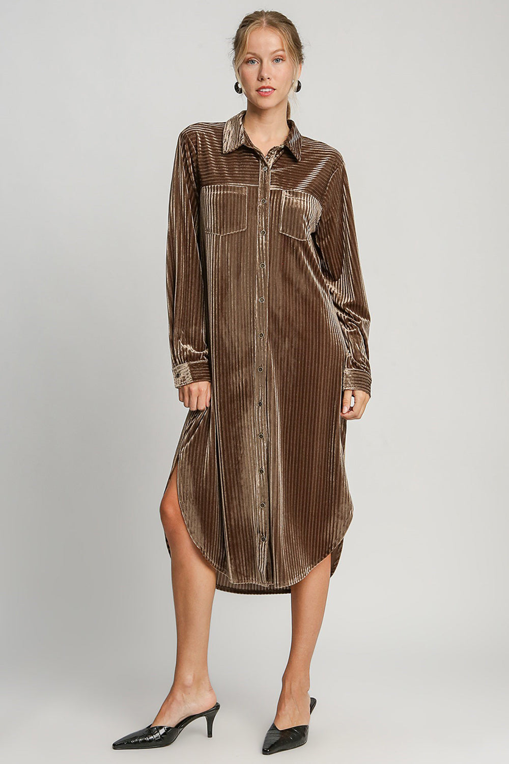 Umgee Texture Curved Hem Button Down Shirt Dress 