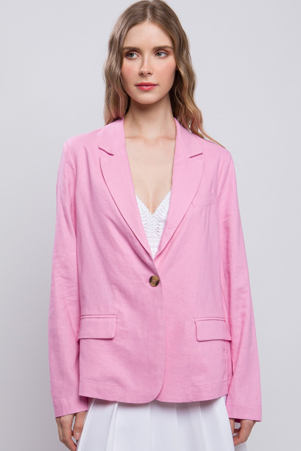 Love Tree One-Button Long Sleeve Linen Blazer 