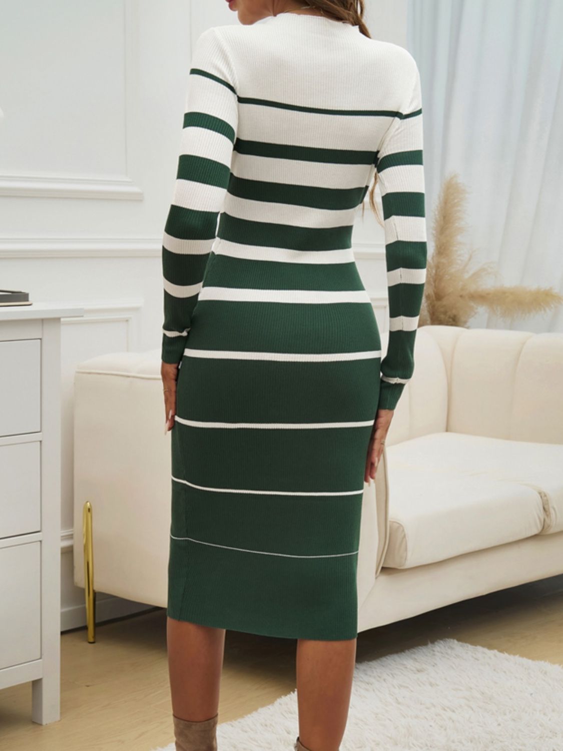 Devine Color Block Round Neck Long Sleeve Midi Dress 