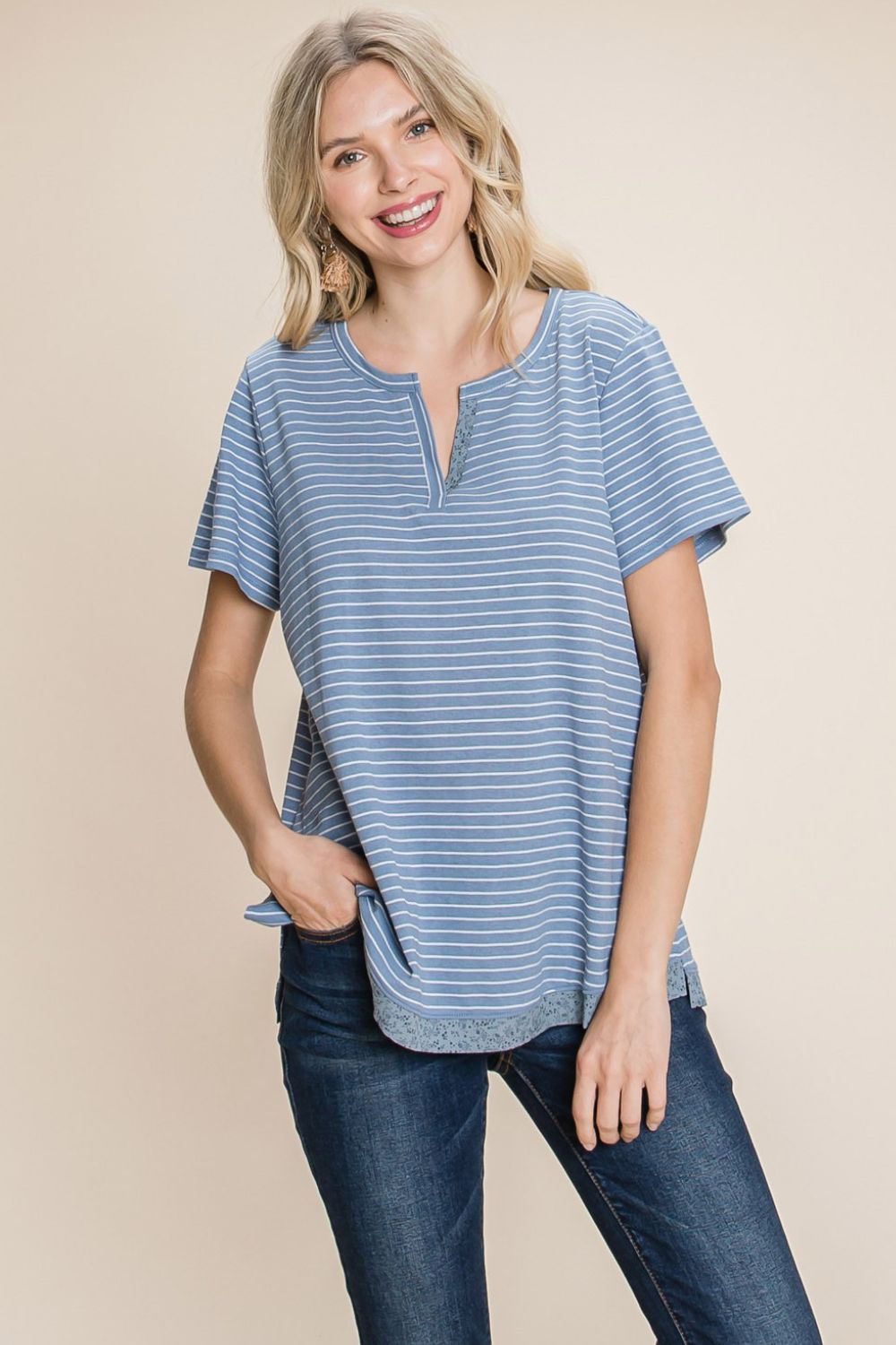Cotton Bleu by Nu Lab Slit Striped Notched Short Sleeve T-Shirt 